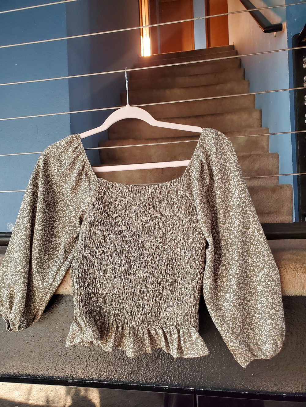 Paper Crane Olive Green Floral Smocked Peplum Blouse